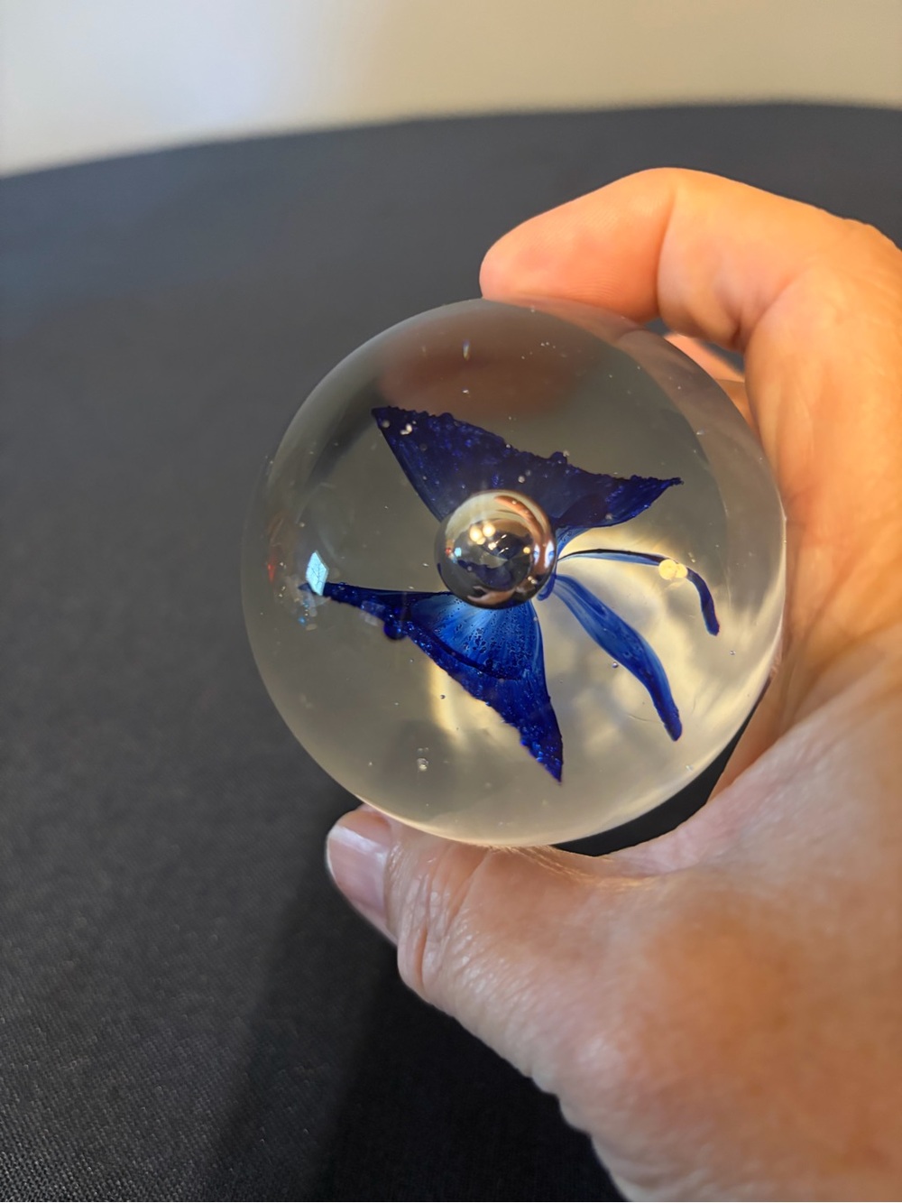 Vintage Murano Italian Clear Blown Glass With Blue Lily Flower Pedel Paperweight